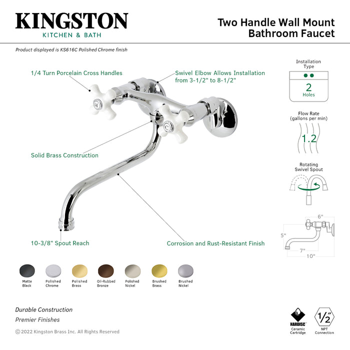 Kingston Heirloom KS616PN - Kingston Double-Handle 2-Hole Wall Mount Bathroom Faucet, Polished Nickel