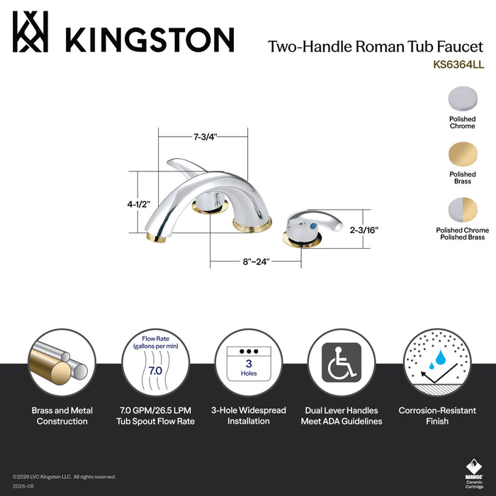 Kingston Tulare KS6362LL Two-Handle 3-Hole Deck Mount Roman Tub Faucet, Polished Brass
