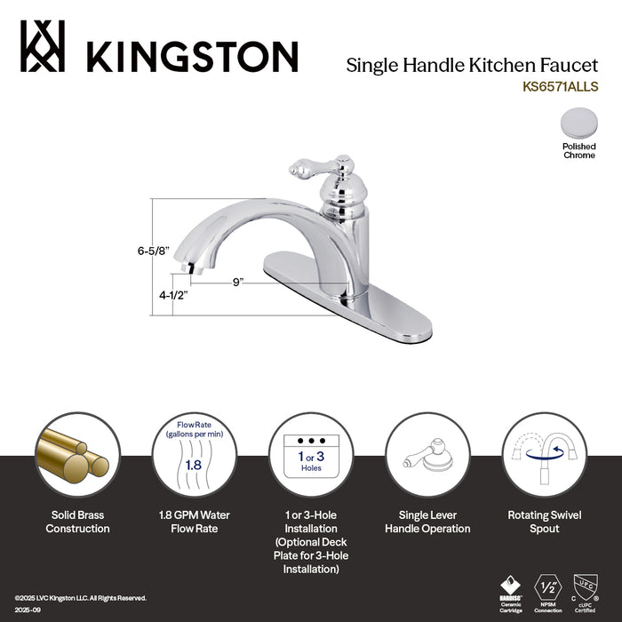 Kingston Vintage KS6571ALLS Single-Handle 1-or-3 Hole Kitchen Faucet, Polished Chrome