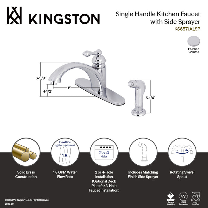 Kingston Vintage KS6571ALSP Single-Handle 2-or-4 Hole Kitchen Faucet with Side Sprayer, Polished Chrome