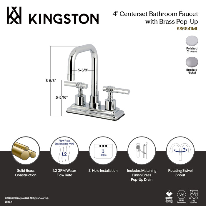 Kingston Milano KS6641ML Double-Handle 3-Hole Deck Mount 4-Inch Centerset Bathroom Faucet with Brass Pop-Up, Polished Chrome