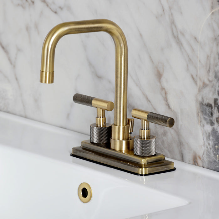 Kingston Sona KS6643KNL - Convergent Knurled Double-Handle 3-Hole Deck Mount 4-Inch Centerset Bathroom Faucet with Brass Pop-Up, Antique Brass