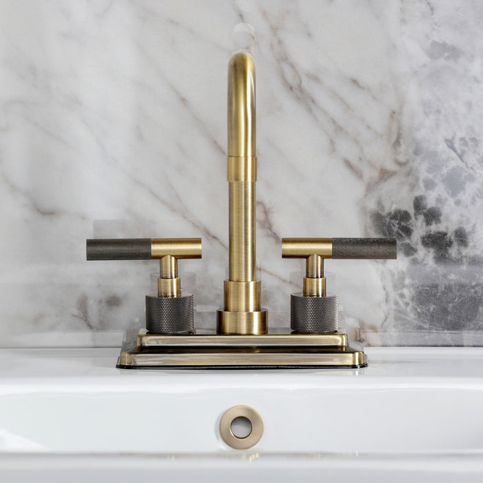 Kingston Sona KS6643KNL - Convergent Knurled Double-Handle 3-Hole Deck Mount 4-Inch Centerset Bathroom Faucet with Brass Pop-Up, Antique Brass