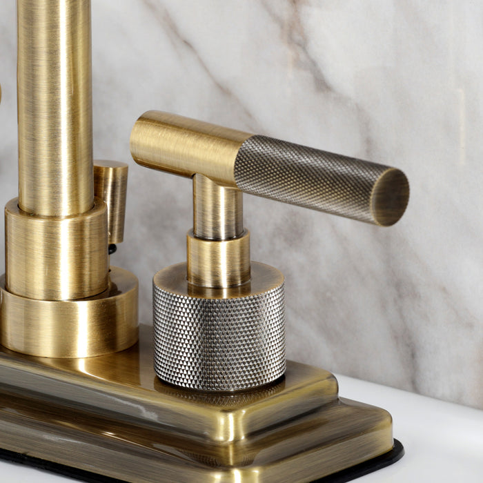 Kingston Sona KS6643KNL - Convergent Knurled Double-Handle 3-Hole Deck Mount 4-Inch Centerset Bathroom Faucet with Brass Pop-Up, Antique Brass