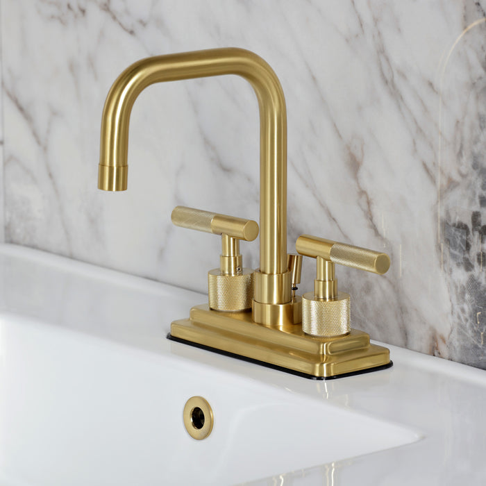 Kingston Sona KS6647KNL - Convergent Knurled Double-Handle 3-Hole Deck Mount 4-Inch Centerset Bathroom Faucet with Brass Pop-Up, Brushed Brass