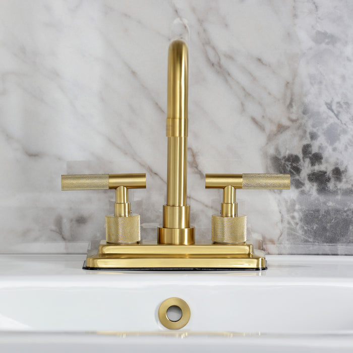 Kingston Sona KS6647KNL - Convergent Knurled Double-Handle 3-Hole Deck Mount 4-Inch Centerset Bathroom Faucet with Brass Pop-Up, Brushed Brass