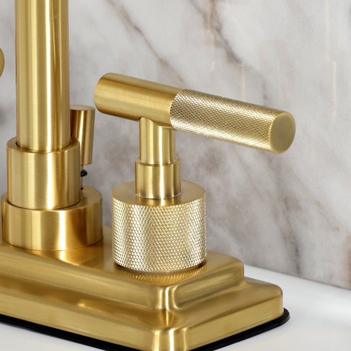 Kingston Sona KS6647KNL - Convergent Knurled Double-Handle 3-Hole Deck Mount 4-Inch Centerset Bathroom Faucet with Brass Pop-Up, Brushed Brass