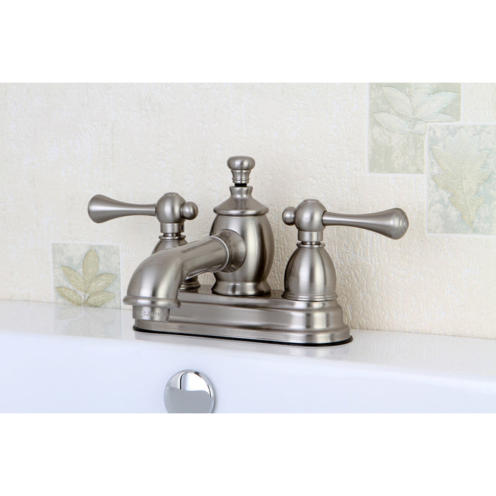 Kingston Tulare KS7008BL - Vintage Double-Handle 3-Hole Deck Mount 4-Inch Centerset Bathroom Faucet with Brass Pop-Up, Brushed Nickel