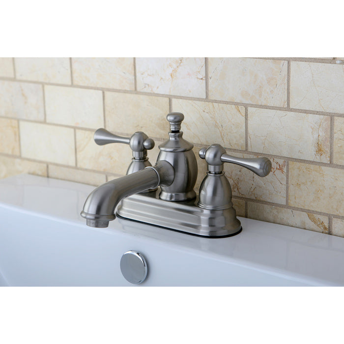 Kingston Tulare KS7008BL - Vintage Double-Handle 3-Hole Deck Mount 4-Inch Centerset Bathroom Faucet with Brass Pop-Up, Brushed Nickel