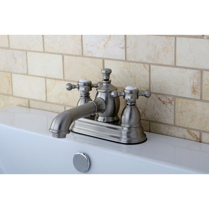 Kingston Tulare KS7008BX - English Country Double-Handle 3-Hole Deck Mount 4-Inch Centerset Bathroom Faucet with Brass Pop-Up, Brushed Nickel