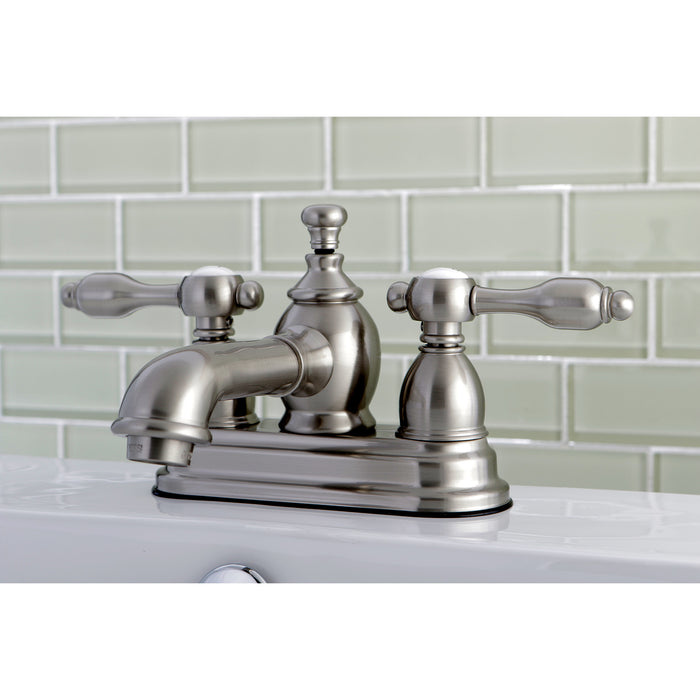Kingston Tulare KS7008TAL - Tudor Double-Handle 3-Hole Deck Mount 4-Inch Centerset Bathroom Faucet with Brass Pop-Up, Brushed Nickel
