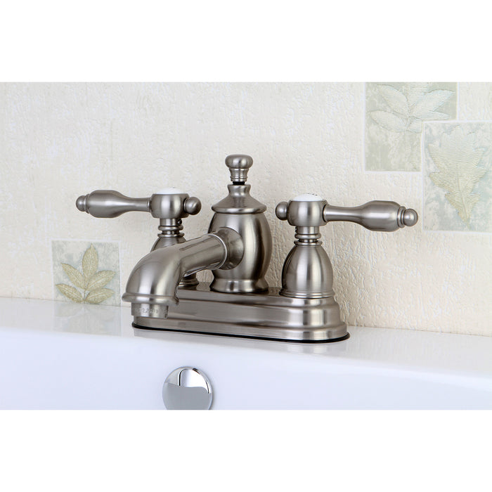Kingston Tulare KS7008TAL - Tudor Double-Handle 3-Hole Deck Mount 4-Inch Centerset Bathroom Faucet with Brass Pop-Up, Brushed Nickel