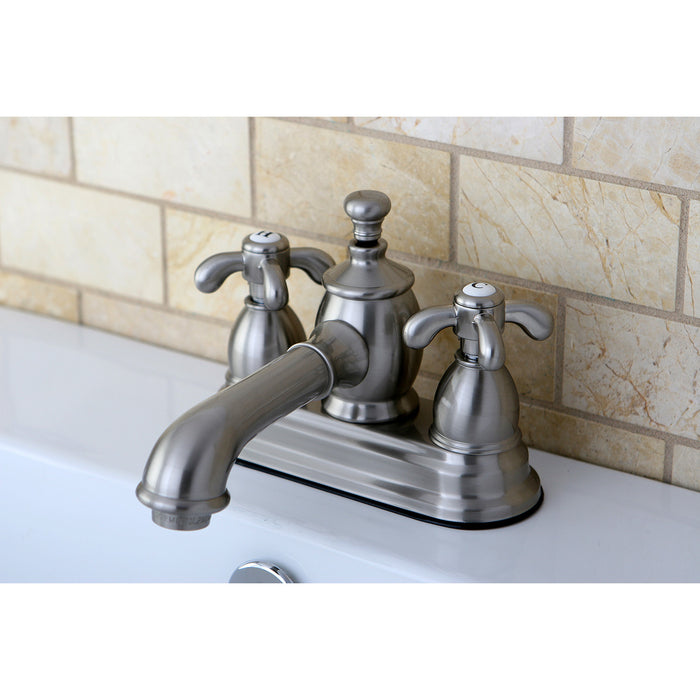Kingston Tulare KS7008TX - French Country Double-Handle 3-Hole Deck Mount 4-Inch Centerset Bathroom Faucet with Brass Pop-Up, Brushed Nickel