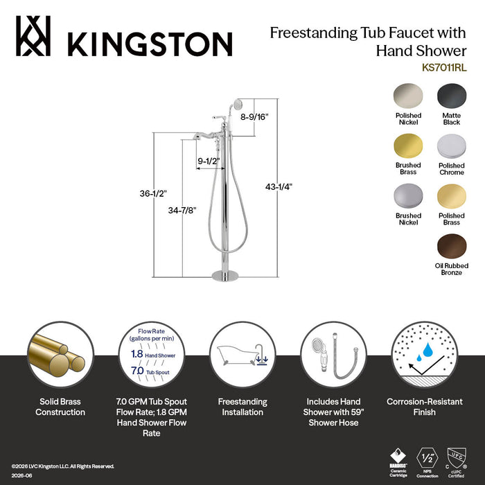 Kingston Tulare KS7010RL - Royale Single-Handle 1-Hole Freestanding Tub Faucet with Hand Shower, Matte Black