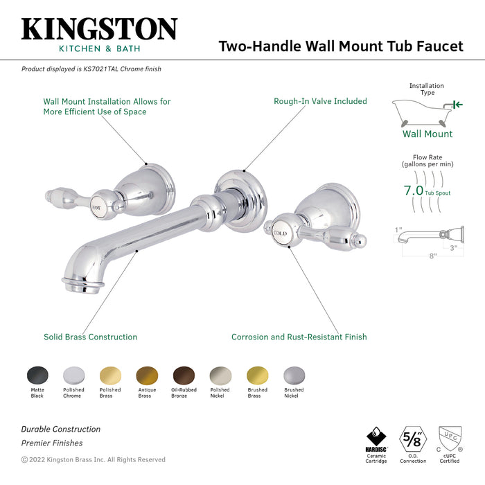 Kingston Tulare KS7020TAL - Tudor Two-Handle 3-Hole Wall Mount Tub Faucet, Matte Black