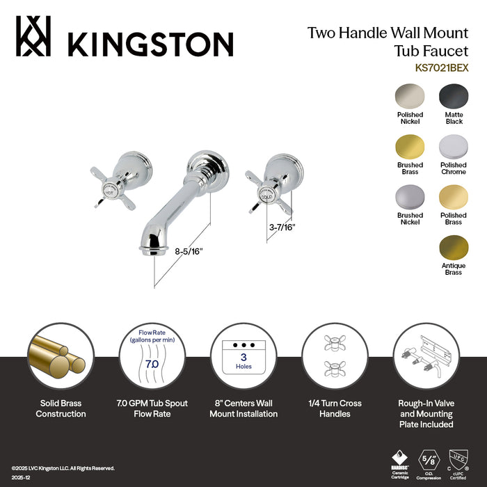 Kingston Tulare KS7022BEX - Essex Two-Handle 3-Hole Wall Mount Tub Faucet, Polished Brass