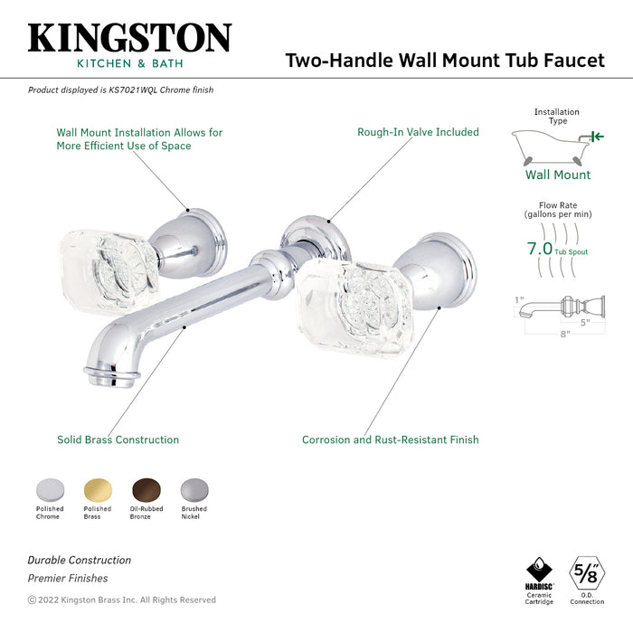 Kingston Tulare KS7022WQL - Krystal Onyx Two-Handle 3-Hole Wall Mount Tub Faucet, Polished Brass