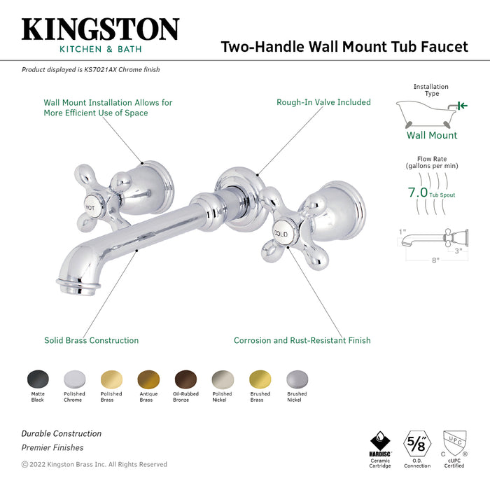 Kingston Tulare KS7026AX - English Country Two-Handle 3-Hole Wall Mount Tub Faucet, Polished Nickel