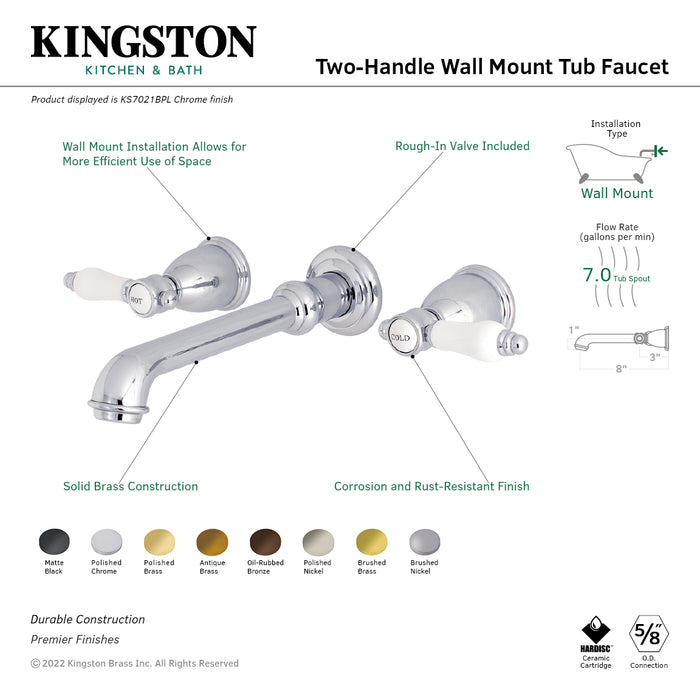 Kingston Tulare KS7026BPL - Bel-Air Two-Handle 3-Hole Wall Mount Tub Faucet, Polished Nickel