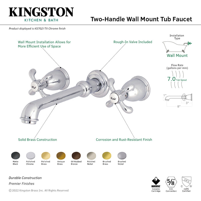 Kingston Tulare KS7026TX - French Country Two-Handle 3-Hole Wall Mount Tub Faucet, Polished Nickel