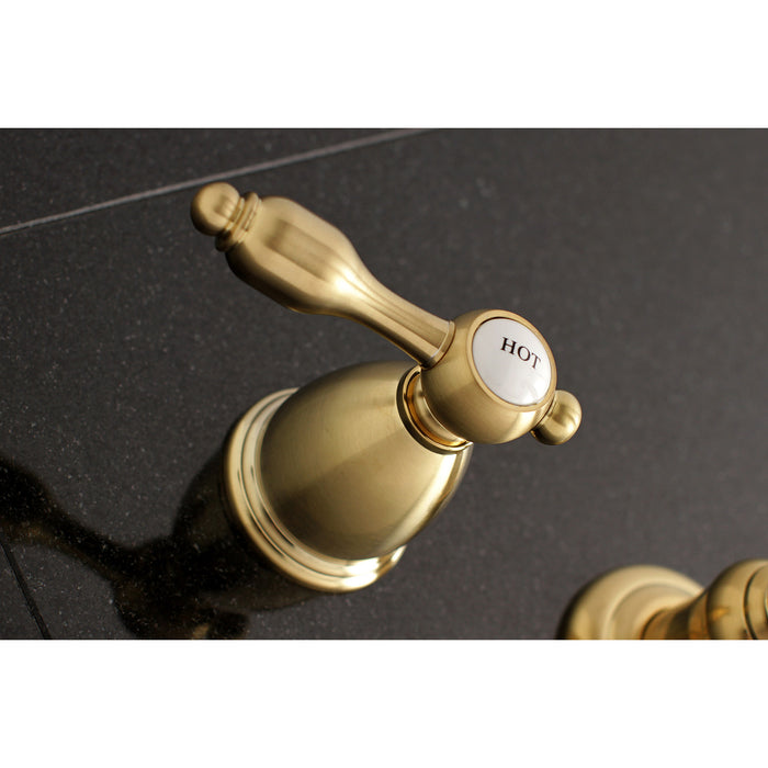 Kingston Tulare KS7027TAL - Tudor Two-Handle 3-Hole Wall Mount Tub Faucet, Brushed Brass