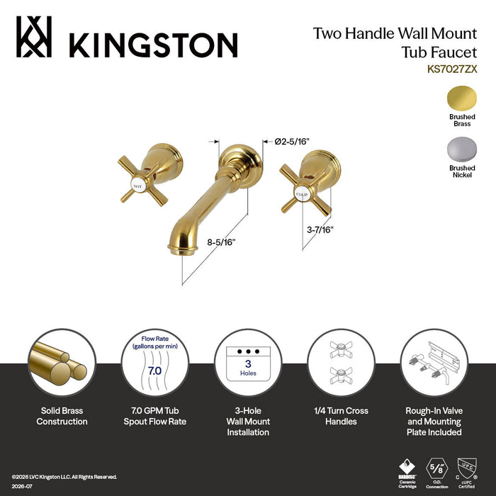 Kingston Tulare KS7027ZX - Millennium Two-Handle 3-Hole Wall Mount Tub Faucet, Brushed Brass