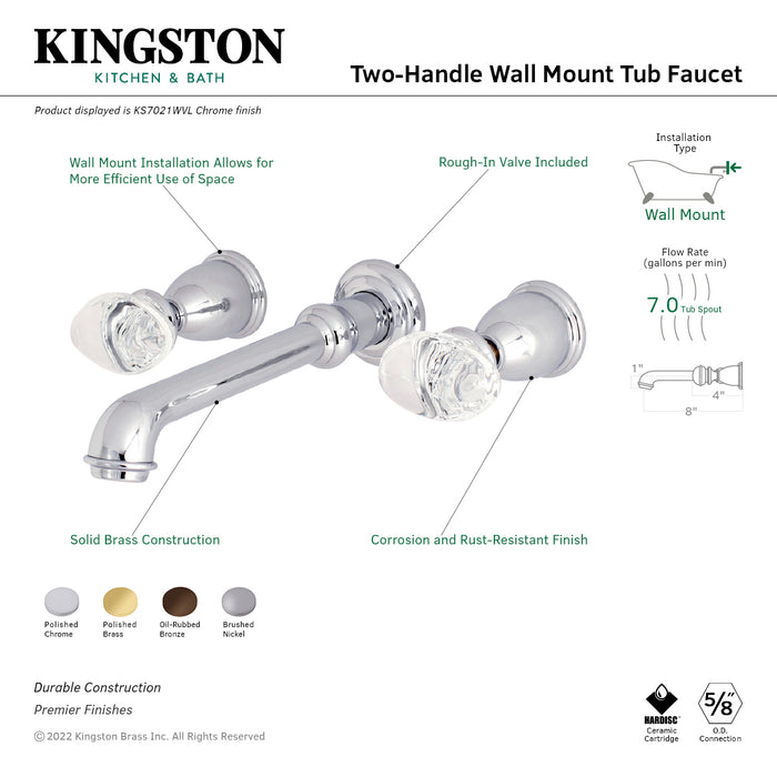 Kingston Tulare KS7028WVL - Krystal Onyx Two-Handle 3-Hole Wall Mount Tub Faucet, Brushed Nickel