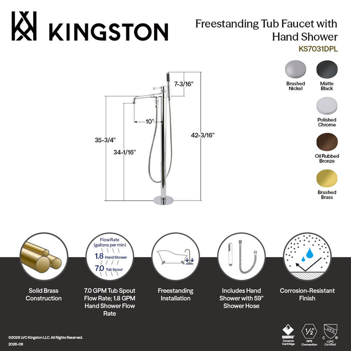 Kingston Tulare KS7031DPL - Paris Single-Handle 1-Hole Freestanding Tub Faucet with Hand Shower, Polished Chrome
