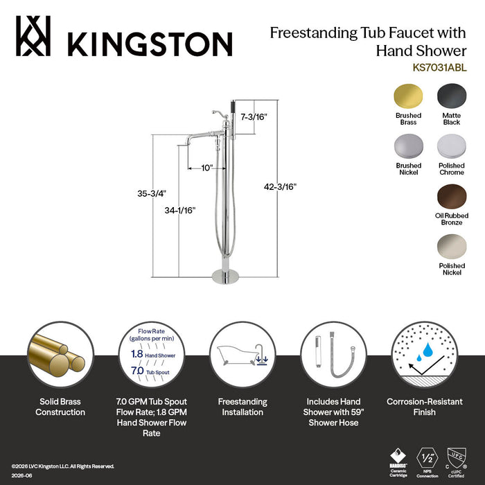 Kingston Tulare KS7037ABL - English Country Single-Handle 1-Hole Freestanding Tub Faucet with Hand Shower, Brushed Brass