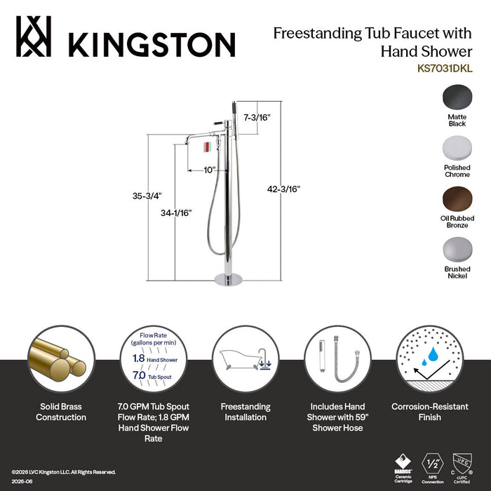 Kingston Sona KS7038DKL - Kaiser Single-Handle 1-Hole Freestanding Tub Faucet with Hand Shower, Brushed Nickel
