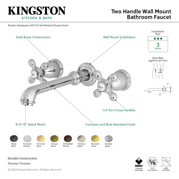 Kingston Tulare KS7121AX - English Country Double-Handle 3-Hole Wall Mount Bathroom Faucet, Polished Chrome