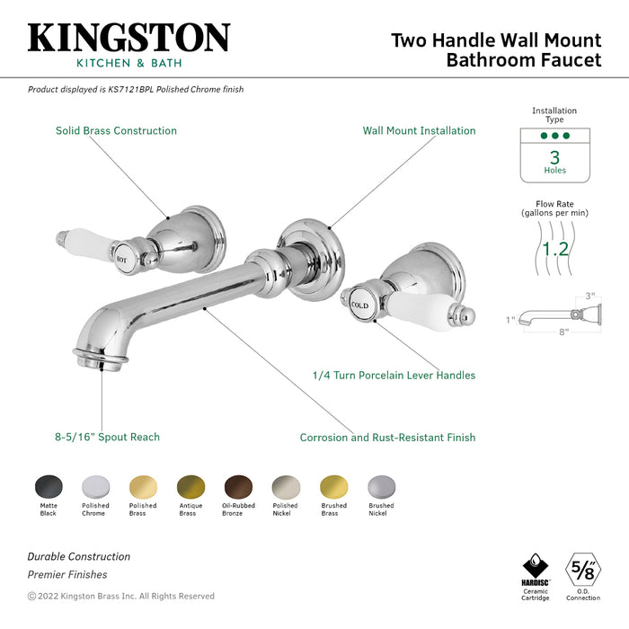 Kingston Tulare KS7121BPL - Bel-Air Double-Handle 3-Hole Wall Mount Bathroom Faucet, Polished Chrome