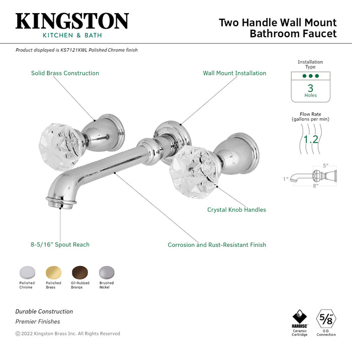 Kingston Tulare KS7121KWL - Krystal Onyx Double-Handle 3-Hole Wall Mount Bathroom Faucet, Polished Chrome