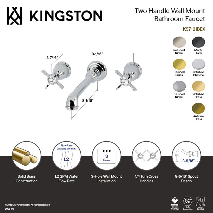 Kingston Tulare KS7122BEX - Essex Double-Handle 3-Hole Wall Mount Bathroom Faucet, Polished Brass
