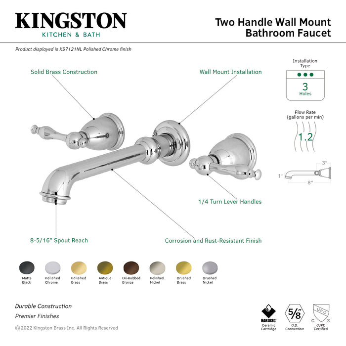 Kingston Tulare KS7122NL - Naples Double-Handle 3-Hole Wall Mount Bathroom Faucet, Polished Brass