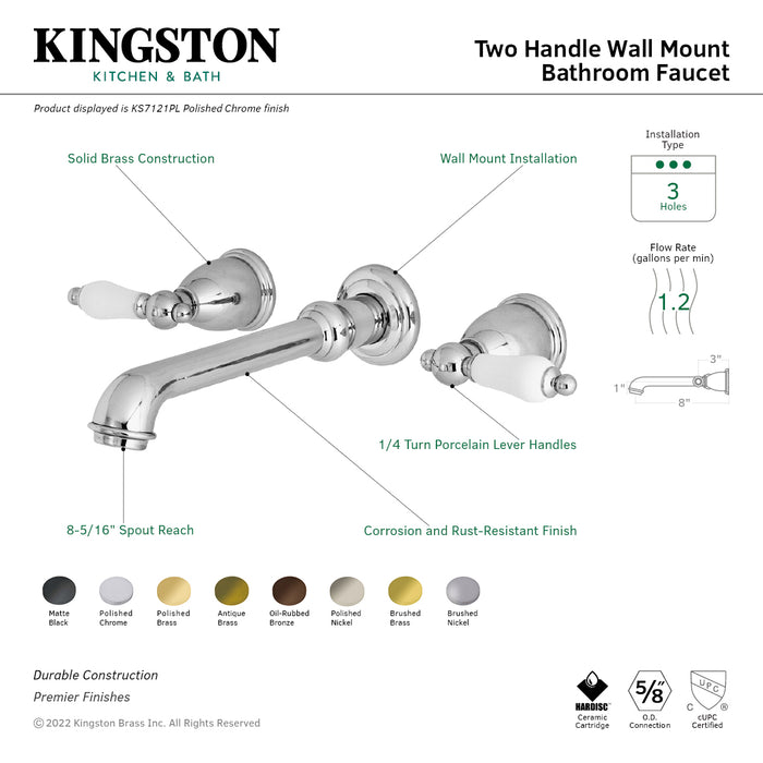 Kingston Tulare KS7122PL - English Country Double-Handle 3-Hole Wall Mount Bathroom Faucet, Polished Brass