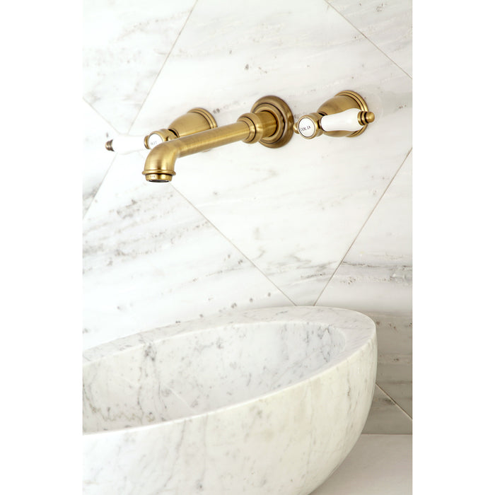 Kingston Tulare KS7123BPL - Bel-Air Double-Handle 3-Hole Wall Mount Bathroom Faucet, Antique Brass