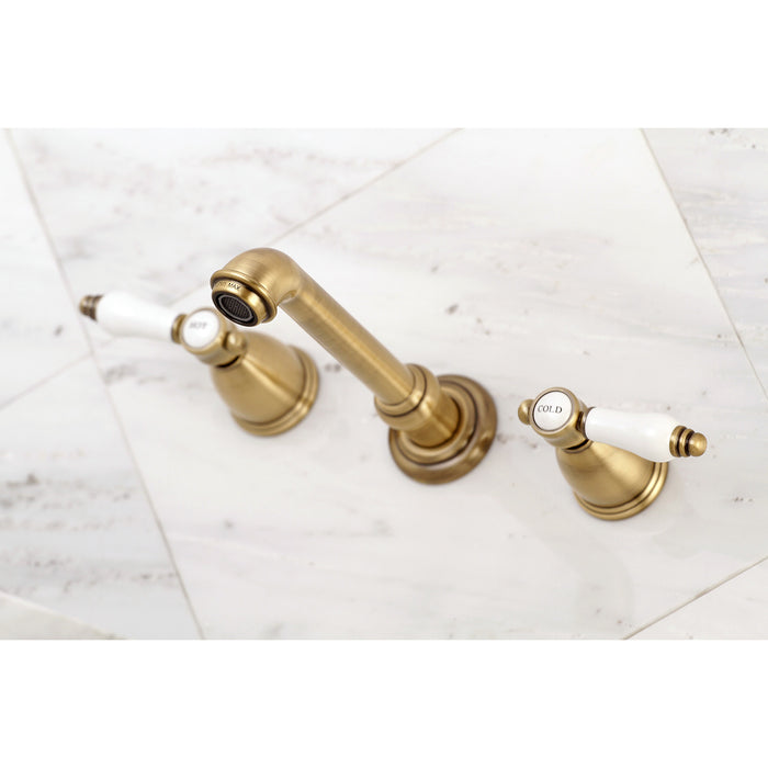 Kingston Tulare KS7123BPL - Bel-Air Double-Handle 3-Hole Wall Mount Bathroom Faucet, Antique Brass
