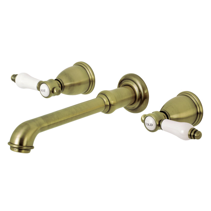 Kingston Tulare KS7123BPL - Bel-Air Double-Handle 3-Hole Wall Mount Bathroom Faucet, Antique Brass