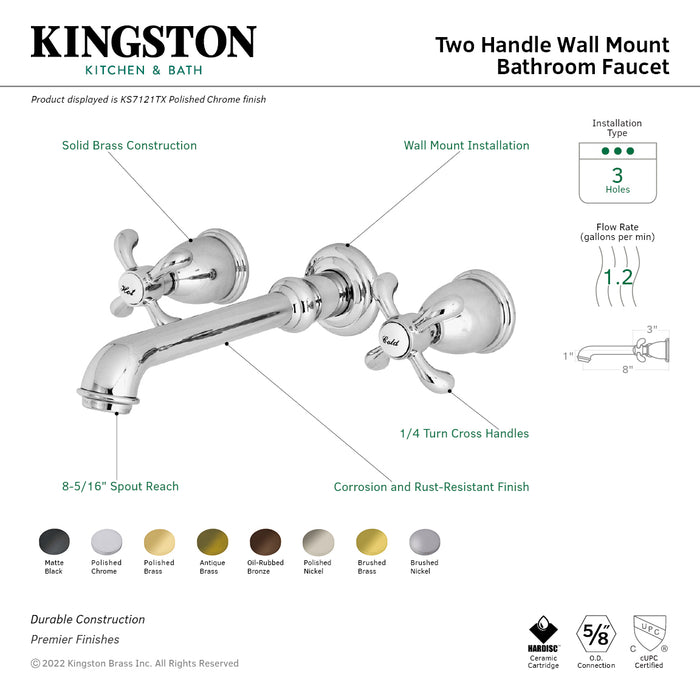Kingston Tulare KS7123TX - French Country Double-Handle 3-Hole Wall Mount Bathroom Faucet, Antique Brass