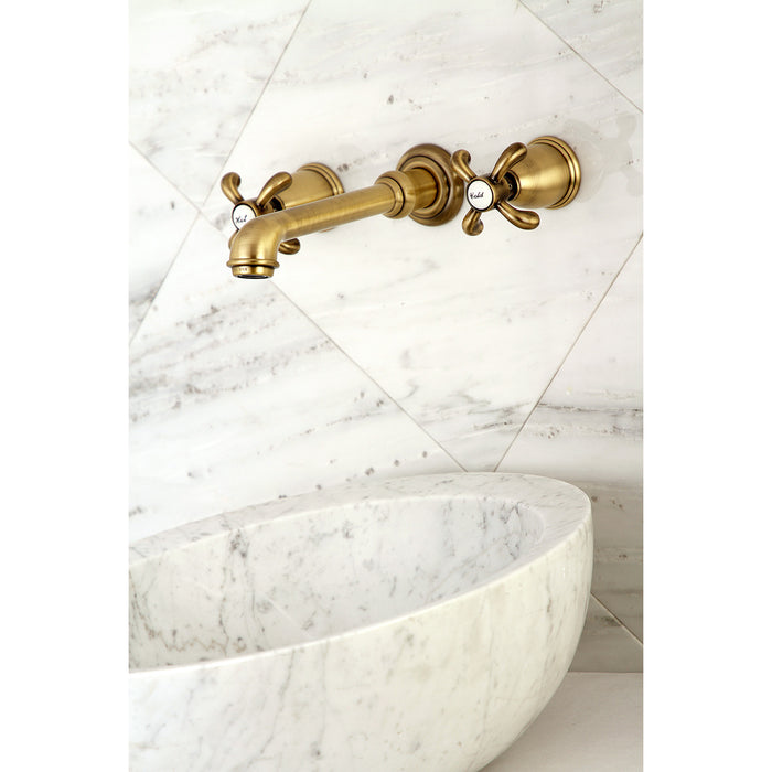 Kingston Tulare KS7123TX - French Country Double-Handle 3-Hole Wall Mount Bathroom Faucet, Antique Brass