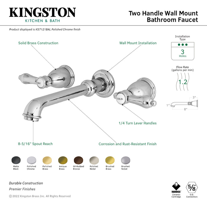 Kingston Tulare KS7126BAL - Heirloom Double-Handle 3-Hole Wall Mount Bathroom Faucet, Polished Nickel
