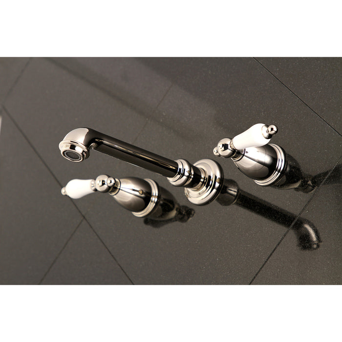 Kingston Tulare KS7126PL - English Country Double-Handle 3-Hole Wall Mount Bathroom Faucet, Polished Nickel