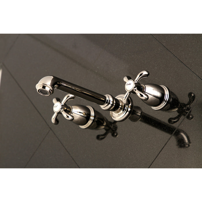 Kingston Tulare KS7126TX - French Country Double-Handle 3-Hole Wall Mount Bathroom Faucet, Polished Nickel