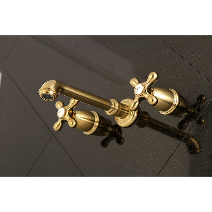 Kingston Tulare KS7127AX - English Country Double-Handle 3-Hole Wall Mount Bathroom Faucet, Brushed Brass