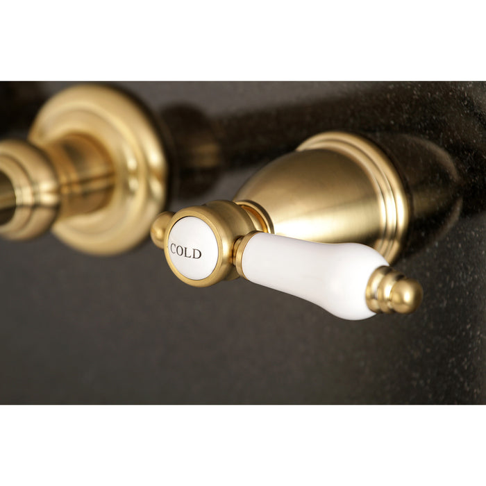 Kingston Tulare KS7127BPL - Bel-Air Double-Handle 3-Hole Wall Mount Bathroom Faucet, Brushed Brass