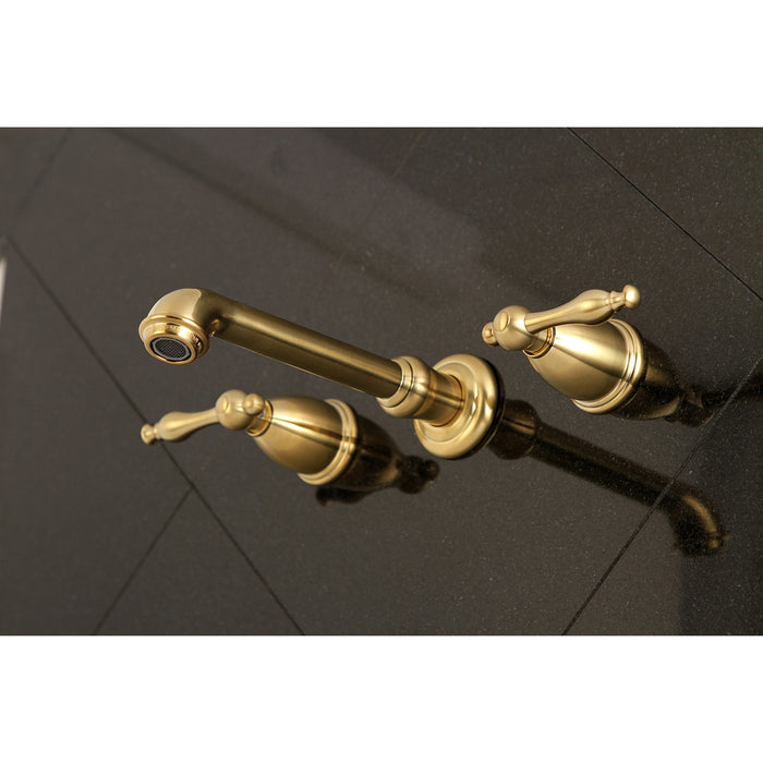 Kingston Tulare KS7127NL - Naples Double-Handle 3-Hole Wall Mount Bathroom Faucet, Brushed Brass