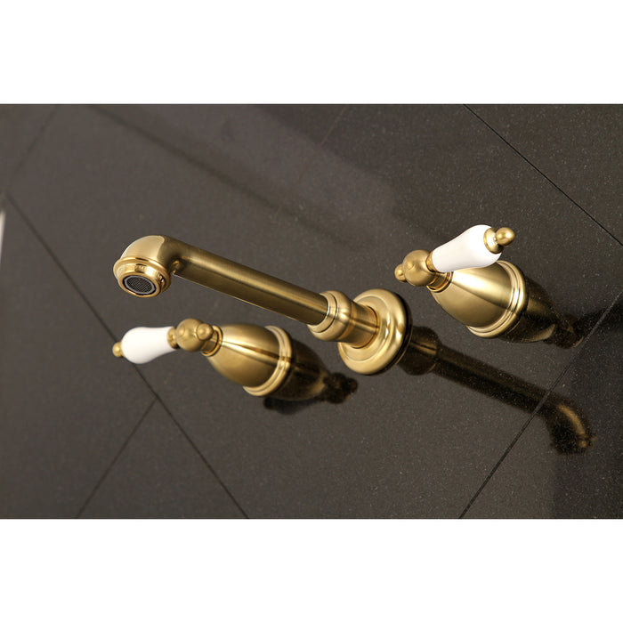Kingston Tulare KS7127PL - English Country Double-Handle 3-Hole Wall Mount Bathroom Faucet, Brushed Brass