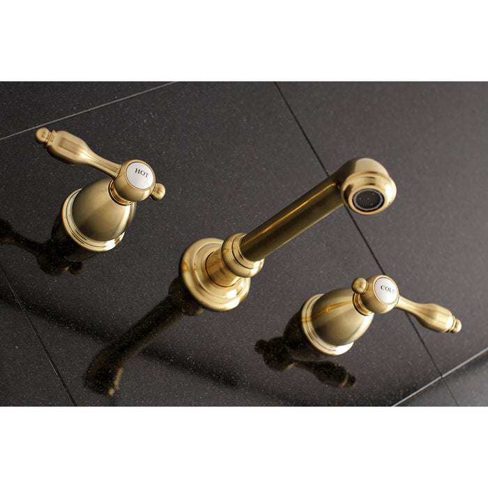 Kingston Tulare KS7127TAL - Tudor Double-Handle 3-Hole Wall Mount Bathroom Faucet, Brushed Brass