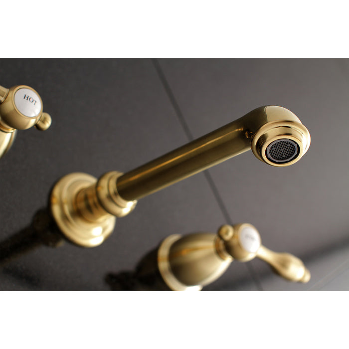 Kingston Tulare KS7127TAL - Tudor Double-Handle 3-Hole Wall Mount Bathroom Faucet, Brushed Brass